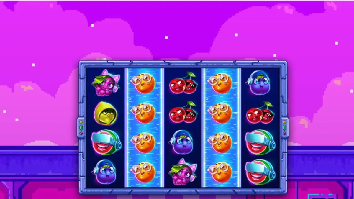 Tampilan visual retro dari slot Frooty Troupe dengan simbol buah bergaya piksel