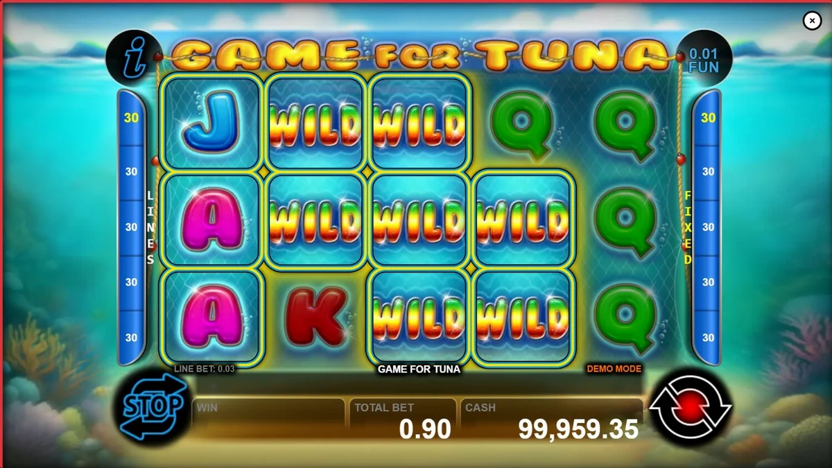 Visual bawah laut yang memukau dalam slot Game For Tuna dengan simbol ikan dan nelayan.